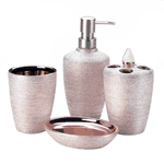 Chic rose gold shimmer will make your bathroom a stylish oasis! This lovely bath accessory set includes a soap/lotion pump, toothbrush holder, soap dish and cup.
