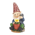 Heres a happy gardener whos ready to add some cheery light to your yard. This adorable gnome is proudly tending to his yellow bloom, and his red hat will shine bright at night thanks to the statues solar panel. 