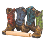 Give your bathroom some Western flair with this adorable cowboy boot paper holder. Four boots with colorful uppers and fine details are fitted with a wooden dowel thats ready to be loaded up with toilet paper (not included). 