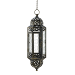 The blend of clear pressed glass with a decorative metal frame that features decorative cutouts makes this a stunning candle lantern. Hang it indoors or out to create a glimmering show of candlelight.