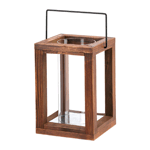 Let the country charm shine! This rustic and stunning candle lantern features a wood frame that holds a tall golden glass cylinder inside. Place the candle of your choice inside the cylinder and enjoy the warm glow indoors or out.