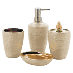 Add some golden shimmer to your bathroom with this lovely set of bathroom accessories. You''l get a soap/lotion pump, toothbrush holder, soap dish, and cup.