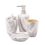 Update your bathroom with this trendy marble bath set. The four-piece set includes a porcelain soap dispenser, soap dish, toothbrush holder and cup in a grey marble finish. Functional and chic, this complete bathroom set will give any bathroom a quick style upgrade.