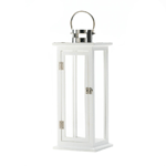 These slim wooden candle lantern is the perfect blend of classic design and modern style. The crisp white paint, silver hardware and stainless steel hanging loop turns candlelight into a stunning show. Stainless Steel, Glass, Wood. 