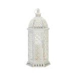 Give your decor an exotic feel with this white hexagon lantern. The metal lantern features an intricate cut-out design made from iron so it's ideal for both indoor and outdoor settings. Place a small candle inside the lantern and hang it over your patio or on top of your console table to cast an enchanting glow over the area.