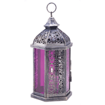 Royal purple shows its romantic side as it banishes the darkness with its gorgeous amethyst glow. Rich stained glass panels are elegantly offset by ornate cutwork and an antique pewter finish.