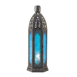 Vibrant blue shines from the patterned glass of this finely crafted candle lantern, as delicate filigree design enhances its allure. All that is required is a candle’s flame to inspire your room with an exhilarating glow.