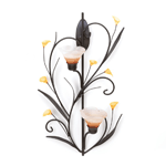 Make a dramatic statement of natural style with this beautiful candle wall sconce. Two glass lily cups hold the candles of your choice and are surrounded by detailed metal leaves and small glass blooms.