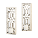 This pair of gorgeous ccandle wall sconces will cast geometric shadows and luminous candlelight across your living space with timeless style. The wood frames feature geometric cutouts and a weathered whit paint finish.
