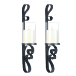 These beautiful iron wall sconces feature curled flourishes and a clear glass hurricane lantern that awaits the candle of your choice. This set of two will highlight any wall with glowing style. 