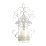 Delicate lace and intricate scrollwork features make this ivory wall sconce a romantic lighting accent for your room. The iron framework features pretty scrolls and lace-inspired flourishes at the base of the clear glass candle cup and more. 