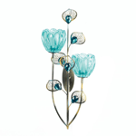 Twice the candlelight, twice the charm! This gorgeous candle wall sconce features golden metal plumes, faceted turquoise gemstones, and two glorious turquoise glass candle cups that await candles of your choice. Light up any wall in your home with peacock style! 