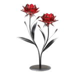 Bask your table setting in a romantic glow with this beautiful double red flower candleholder. The decorative candleholder holds two tea lights inside the flowers for a soft and sultry glow. A stunning addition to your dining room or entryway table. 