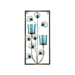 This decorative wall sconce features delicate peacock feathers made from iron with vibrant turquoise crystal-like centers that sparkle in the light. Complete with two turquoise votive candle holders, this candle sconce will give your walls a gorgeous splash of color.