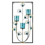 Bring color and light into any space with this beautiful three candle sconce. The decorative wall sconce features delicate peacock feathers made from iron with vibrant turquoise crystal-like centers that catch the light beautifully. Finished with three glass votive candle holders, this candle sconce will add style and warmth to your walls. Features two round hooks within the frame for hanging. 