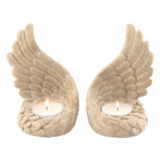 Place tealights in this beautifully detailed holder of two angle wings. Let the soft glow of LED candles or a real candle set the stage for a peaceful night at home. Place on a mantel, as a centerpiece, or a table surface to create ambiance in your space.