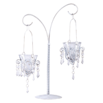Uniquely beautiful tabletop stand boasts two hanging votive 'chandeliers'. Glittering crystals and curving lines delight the eye!