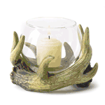 This rustic antler wreath forms a crafty cradle for a glass globe votive holder. A wonderfully woodsy touch of nature to warm up your cabin-style or country decor! 
