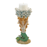 Give your decor an enchanting feel with this grand mermaid candleholder. The candleholder includes a beautiful sculpture of a mermaid sitting on a rock holding up a piece of coral reef. The coral reef holds a small votive candle that illuminates a soft and subtle glow when lit. 