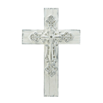 This delightful whitewashed cross is a distinctive statement of faith. Raised intricate scrollwork adorns the center to create a country farmhouse appeal. Perfect accent piece for home or office. Hook on back for easy hanging. 