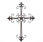 Dress up your décor with this wonderful work of spiritual art. Slender wrought-iron curlicues form the graceful shape of the Divine Cross, beautifully accented by fleur de lis ornaments and a single star at the heart. Hook on back for hanging.