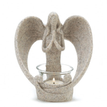 A slender seraph shields the light of faith with her bowed wings as she folds her hands in prayer. Stone-look decoration graces your home with a heartwarming dose of hope and faith! 