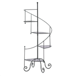 Give four of your favorite plants a supremely stylish showcase! This metal plant stand features four mesh platforms, a curved banister and four scrolling feet below. Standing at more than three feet tall, its a grand way to exhibit your green thumb. This iron plant stand is finished in black. Four pie-shaped platforms are ready to stage the plants of your choice.