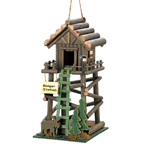 Enjoy the great outdoors and add a little charm to your tree with this Ranger Station birdhouse. The lofty nest features a moose cutout, pine trees, and a tall green ladder that the birds probably wont use to get inside this cozy cabin. Clean out hole on back.