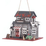 The birds in your yard will love making this Route 66 biker bar their home! This whimsical birdhouse features all the trimmings of a smokin hot highway roadhouse, complete with a motorcycle parked outside and a flame-painted roof. Clean out hole on back. 