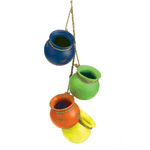 Four brightly colored terra cotta pots dangle from braided rope to brighten up your wall, indoors or out in the garden. These vibrant blue, green, orange and yellow pots feature worn finishes to make them look like vintage treasures.