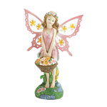 This pink fairy delivers lovely glow to your garden at night, and charming flowers by day! This garden statue features a pretty fairy with pink wings and lots of flowers. The solar panels soak up the sun by day to make her shine at night. 