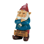 Don't cross this gnome! He's got a grumpy look and a sign that reads "Keep Off Grass!!" which makes him a great addition to your high-traffic outdoor areas.
