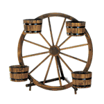 Need a show-stopping way to show off your green thumb? This is it! This incredible wagon wheel is outfitted with four metal-banded barrels that are ready for your favorite plants. 