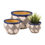 Give your plants a stylish upgrade with these bold geo print planters. This set of ceramic planters includes three pots of various sizes in an eye-catching gray and white geometric print and navy blue trim. Great for inside or out in the garden, this planter set will add interest to your foliage.