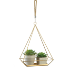 Give your plants a modern look with this gold hanging plant holder. The hanging planter features a contemporary rectangular base and triangle frame with a rope hook for a stunning balance of natural and modern design elements. The large rectangle base offers enough space for a small ivy plant or succulent. Plants not included. 
