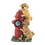Liven up your outdoor space with this adorable puppy solar light statue. Two cute pups are climbing on a fire hydrant. A sweet addition to your front or backyard garden, this statue will make your outdoor space feel instantly more inviting. Place near a pond, fountain, flower or vegetable garden, light will provide a soft glow at night. 