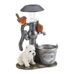 Imagine looking out your kitchen window and see this whimsical statue of a white puppy sitting near a water pump with two birds keeping him company. Makes a playful addition to your indoor or outdoor space. Place near a fountain or hide in flower garden to peak at passerby's. Light is solar powered to add a soft glow to your garden at night.