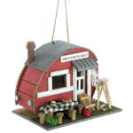 Create a comfy campground for your fly-in guests with this cozy little trailer! Comical birdhouse comes complete with all the accessories of an old-time outdoor paradise. Rope loop at top for hanging.