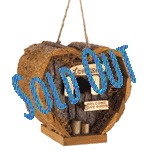 Heart-shaped honeymoon suite is a wonderful little love nest for any lucky couple! Rough wood construction and real moss trim add the look of a lovingly fashioned handicraft. Hole: 7/8" diameter. Loop for hanging. Includes a clean out hole at back of birdhouse. 