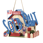 Uncle Sam is ready to welcome some feathered friends to your yard! This darling birdhouse is filled with patriotic charm, featuring an American flag flying high from the flag pole, stars on the roof, and a red and white picket fence. Two entrances and heart-shaped decorations will make your birds feel right at home in the U.S.A! 
