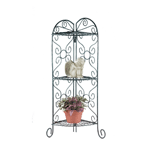 Antiqued faux-verdigris plant stand is designed to fit into any corner; three shelves provide ample room for plants or display items. 