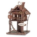 Welcome birds to your “neck of the woods” with this fantastic wooden way-station, trimmed with twisty twigs, pinecones and a darling rough-hewn ladder. 