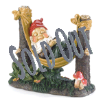 After a long day's labor tending the garden, a rosy-cheeked gnome settles into his favorite hammock to enjoy a well-earned rest.