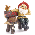 An apple-cheeked forest gnome perches perkily on his hand-hewn bench, grinning a greeting to one and all. He's even brought along a furry-tailed pal to help with his duties as host! A witty and winsome way to welcome visitors to your home with a darling dose of fairy-tale charm!