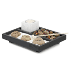 Take a quiet moment to reflect on what's truly important in your life and calm your senses. This beautiful Zen garden set features a tealight candle holder, light-colored sand, a small rake, and the largest rocks read "Live", "Laugh" and "Love". 