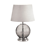 Sparkling light and designer style is yours with this gorgeous table lamp. The crackled glass orb adds undeniable style to your space and the silvery neutral shade and silver metal base fit right. Requires 60W lightbulb not included. 