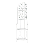 This corner rack features four latticework shelves to hold your favorite potted plants or trinkets of any kind. Butterflies and flowers embellish the white iron scrollwork to create a friendly garden atmosphere indoors or out. 