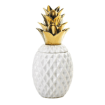 Let your personality shine throughout your home with this on-trend accent. The pineapple, a traditional symbol of hospitality, gets an update in a white ceramic vessel with tropical flair. Removable gold topped lid makes it easy to grab a snack of homemade cookies or treats. Pair up with item (10018752) to make a grand statement of tropical island dcor. Let this eye-catching piece serve as a centerpiece for your dining table or give as the perfect gift to your friends.