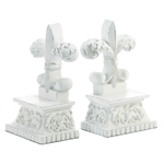 Bring the centuries-old symbol of perfection, light and life to your bookshelf with these distressed white fleur-de-lis book stands. A pair stands as elegant decor yet functional. 