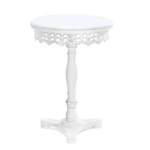 Just say no to boring tables! Add dramatic flair to your home with this table’s shabby chic finish that perfectly highlights the decorative cutwork around the base of the tabletop. 